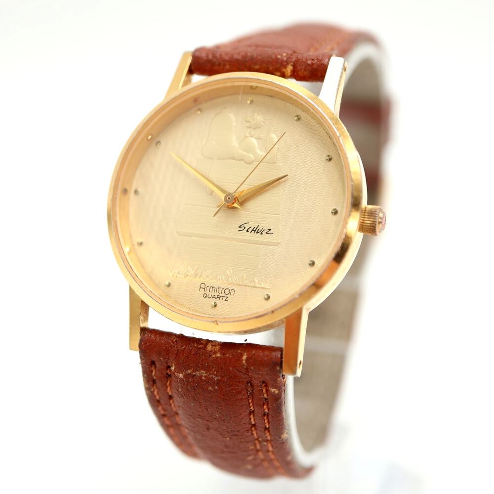 Vintage Armitron Snoopy 32mm Watch Peanuts Gold Tone Brown Leather w New Battery